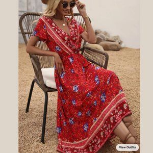 *SHEIN Floral Print Overlap Wrap Collar Red Dress